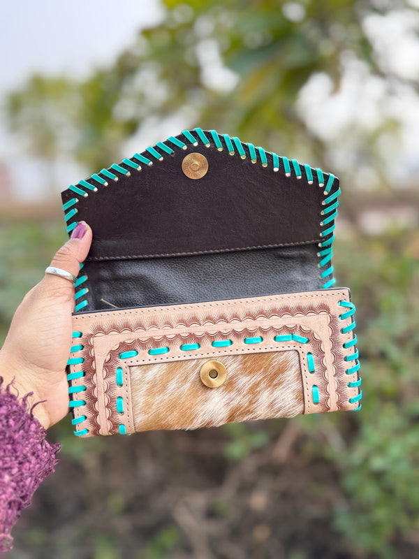 Clutch for Women's Hand Tooled Carving Wallet Clutch Western Stylish Cowhide Fur Wallet