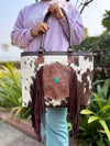 Cowhide Fur Fringe Tote Bag Stylish Lather Purse Hair on Hide Carving Hand Tooled Bags