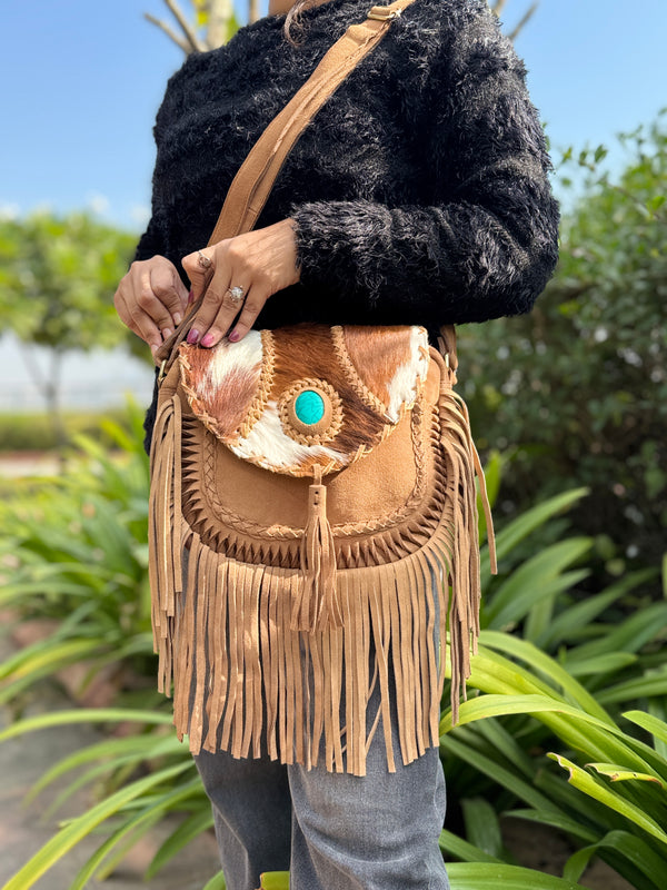 Suede Leather Fringe Handbag Hair On Hide Turquoise Stone Stylish Women's Sling Bag