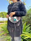 Suede Leather Fringe Handbag Hair On Hide Turquoise Stone Stylish Women's Sling Bag