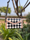 Hand Tooled Leather Clutch Phone Case Stylish Genuine Leather Black Checker PatternWallets for Women
