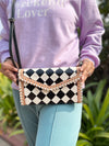 Hand Tooled Leather Clutch Phone Case Stylish Genuine Leather Black Checker PatternWallets for Women