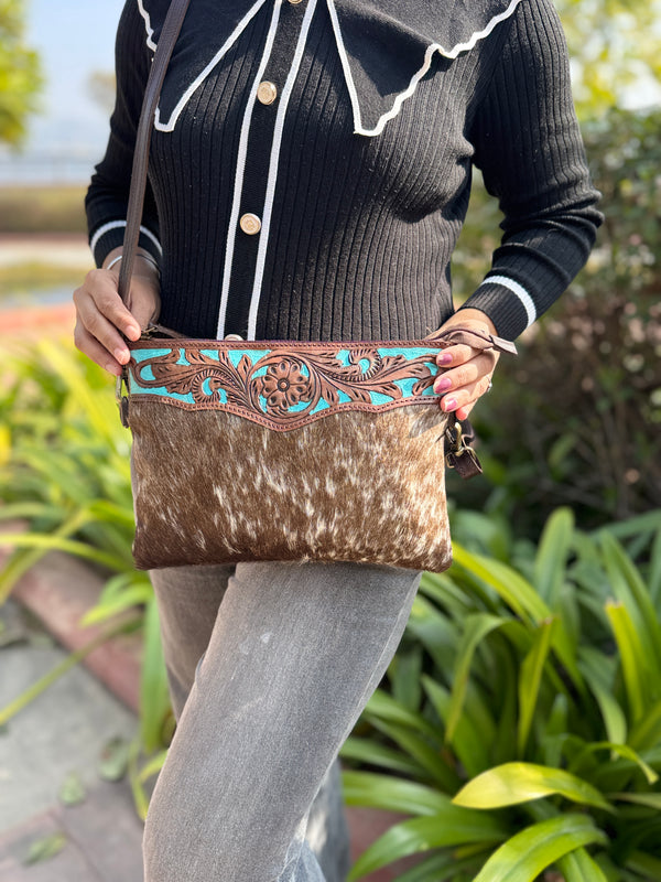 Cowhide Leather Hand Tooled Handbag Fringe Sling Bag Carving Bohemian Bag