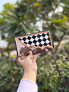 Hand Tooled Carving Leather Clutch Stylish Cowhide Fur Leather Checker Pattern Wallets for Women