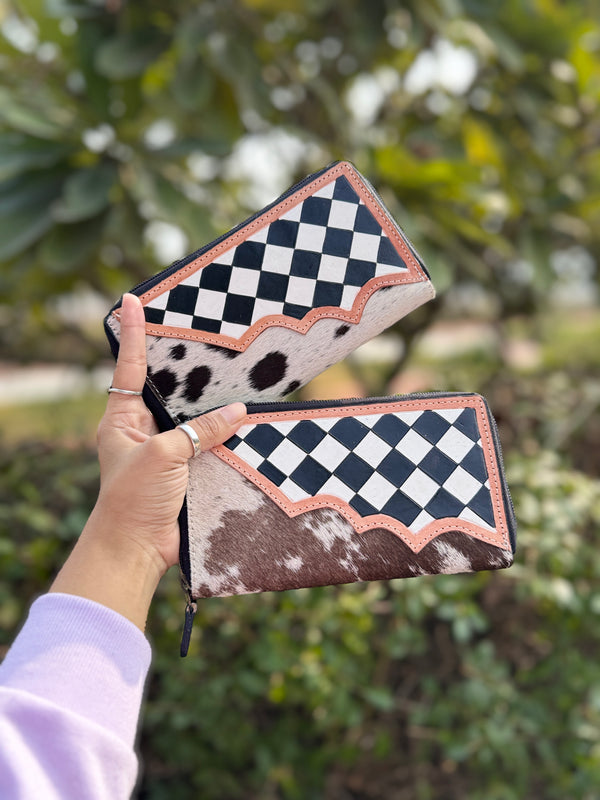 Hand Tooled Carving Leather Clutch Stylish Cowhide Fur Leather Checker Pattern Wallets for Women