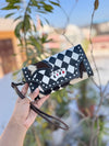 Hand Tooled Carving Wallet Clutch Phone Case Stylish Checkers Pattern Cowhide Fur Wallet