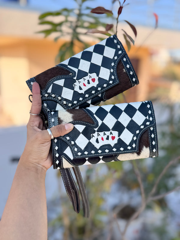 Hand Tooled Carving Wallet Clutch Phone Case Stylish Checkers Pattern Cowhide Fur Wallet