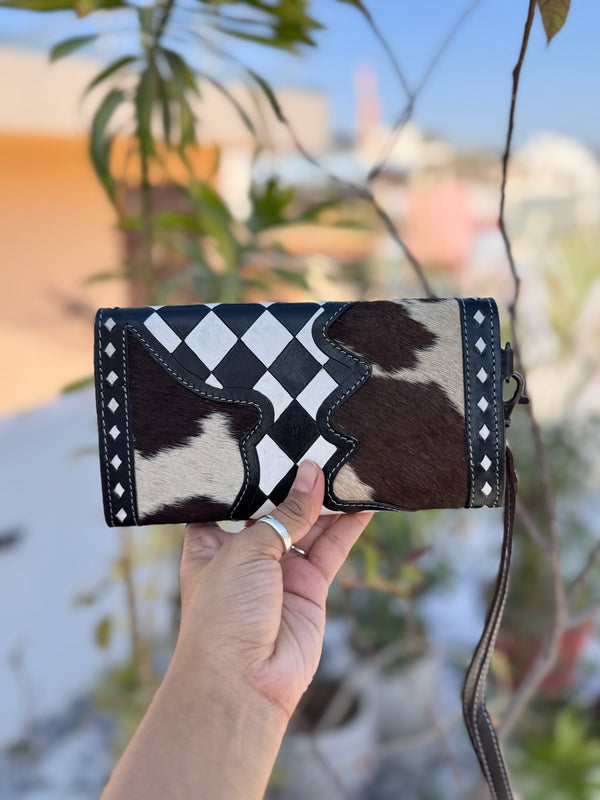 Hand Tooled Carving Wallet Clutch Phone Case Stylish Checkers Pattern Cowhide Fur Wallet