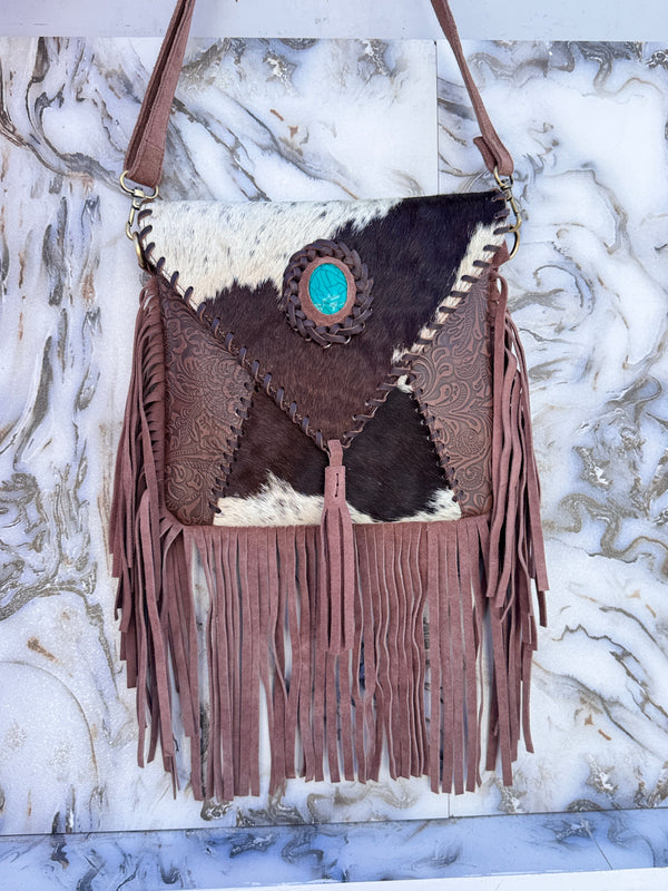 Hair on Hide Fur Leather Fringe Handbag Carving Tooled Leather Cross Body Sling Bag