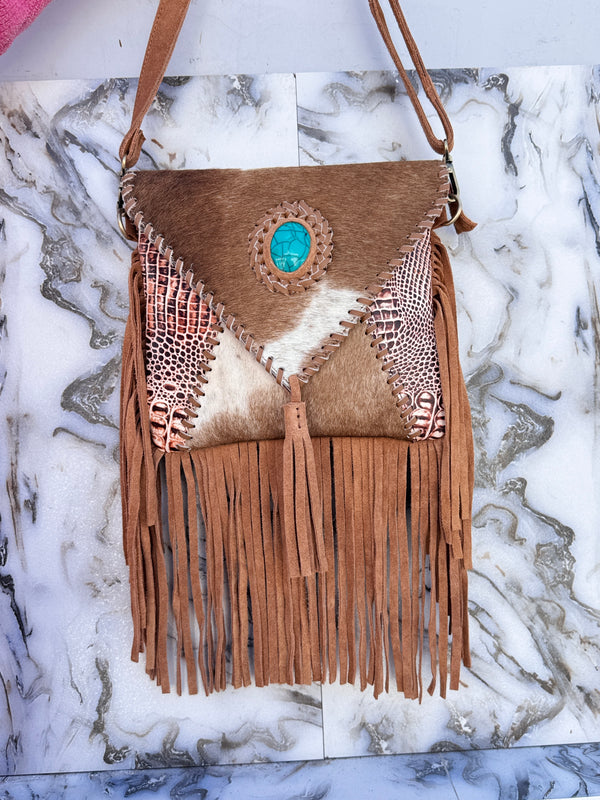 Hair on Hide Fur Leather Fringe Handbag Carving Tooled Leather Cross Body Sling Bag