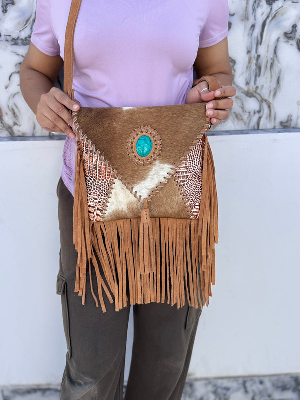 Hair on Hide Fur Leather Fringe Handbag Carving Tooled Leather Cross Body Sling Bag