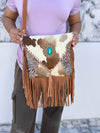 Hair on Hide Fur Leather Fringe Handbag Carving Tooled Leather Cross Body Sling Bag