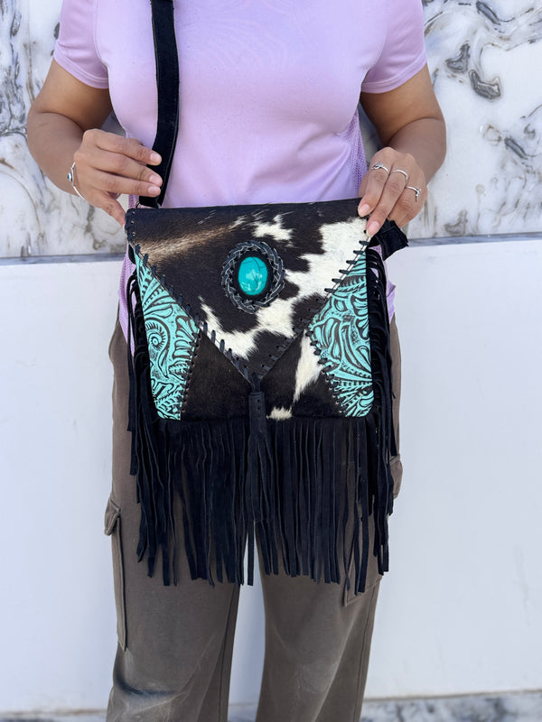 Hair on Hide Fur Leather Fringe Handbag Carving Tooled Leather Cross Body Sling Bag