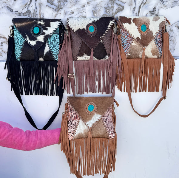 Hair on Hide Fur Leather Fringe Handbag Carving Tooled Leather Cross Body Sling Bag