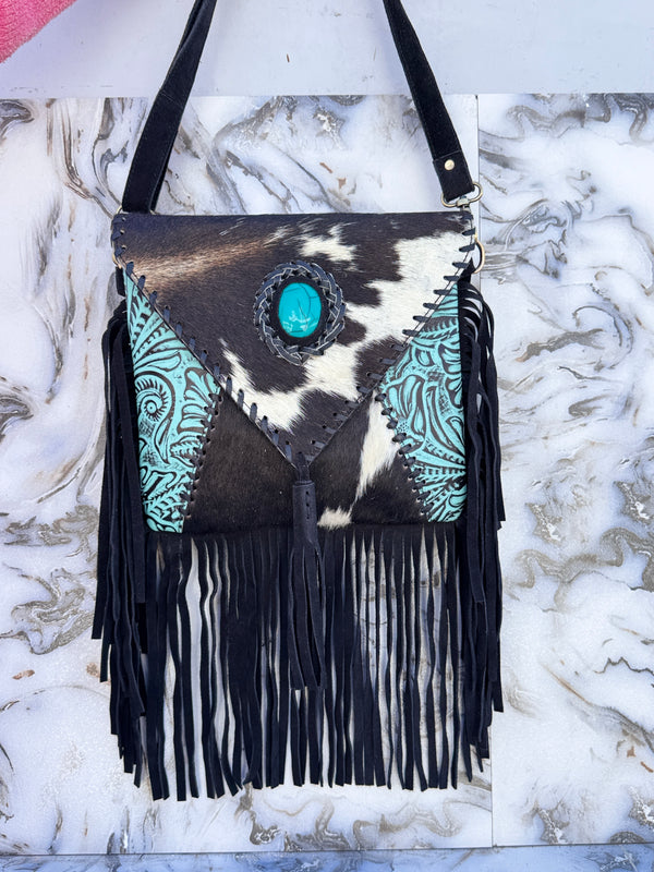 Hair on Hide Fur Leather Fringe Handbag Carving Tooled Leather Cross Body Sling Bag