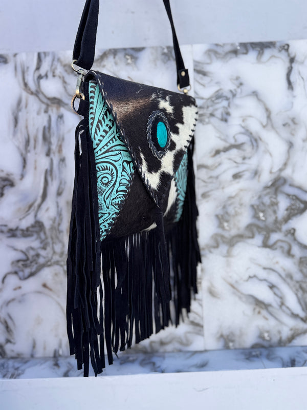 Hair on Hide Fur Leather Fringe Handbag Carving Tooled Leather Cross Body Sling Bag