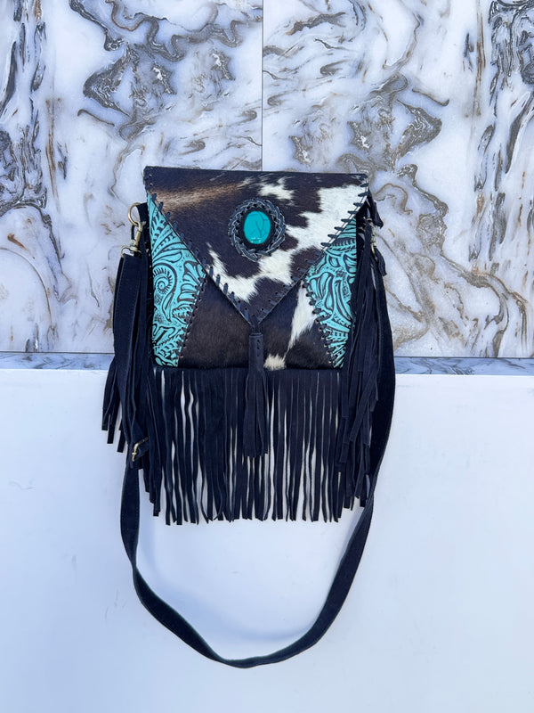 Hair on Hide Fur Leather Fringe Handbag Carving Tooled Leather Cross Body Sling Bag
