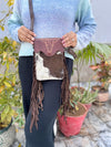Real Cowhide Fur Fringe Hand Tooled Carving Phone Purse Sling Bag Small Size Bags