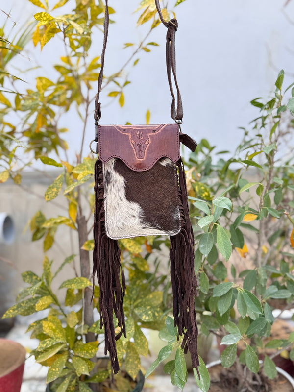 Real Cowhide Fur Fringe Hand Tooled Carving Phone Purse Sling Bag Small Size Bags