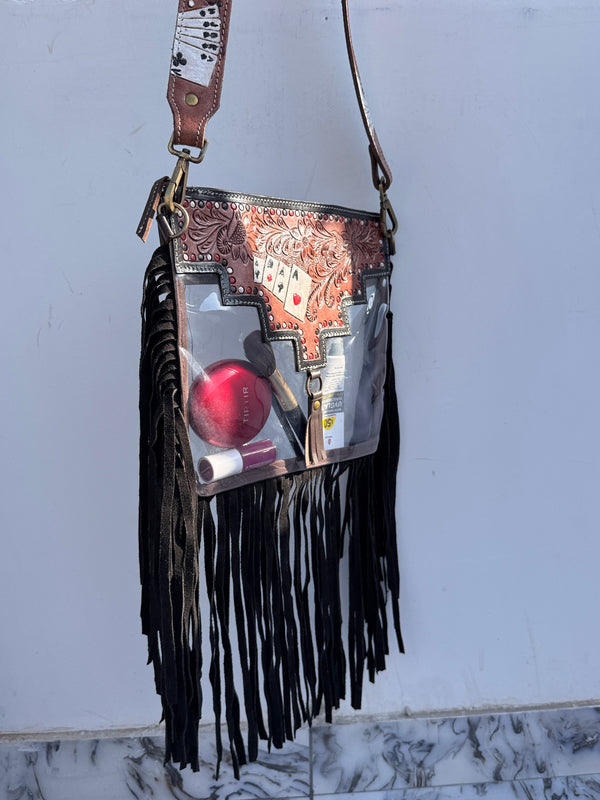 Western Fringe Transparent Clear Bag Stylish Hand Tooled Carving Leather Purse