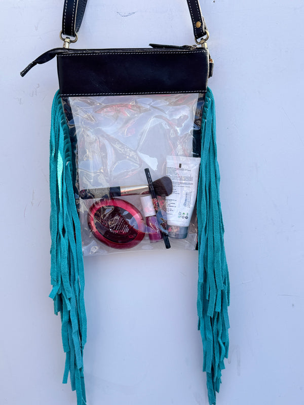 Hand Tooled Carving Leather Fringe Transparent Clear Bag Stylish Purse
