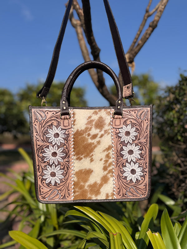 Cowhide Fur Tote Bag Stylish Leather Purse Hair on Hide Carving Hand Tooled Bags