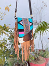 Hand Tooled Leather Handbag Real Cowhide Leather Bag Aztec Saddle Blanket Fringe Bags