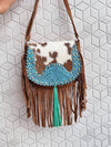 Western Style Cowhide Leather Fringe Carving Turquoise Colour Border Handbag Sling Bag Bohemian Fringe Bag