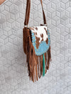 Western Style Cowhide Leather Fringe Carving Turquoise Colour Border Handbag Sling Bag Bohemian Fringe Bag