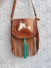 Western Style Cowhide Leather Fringe Carving Turquoise Colour Border Handbag Sling Bag Bohemian Fringe Bag