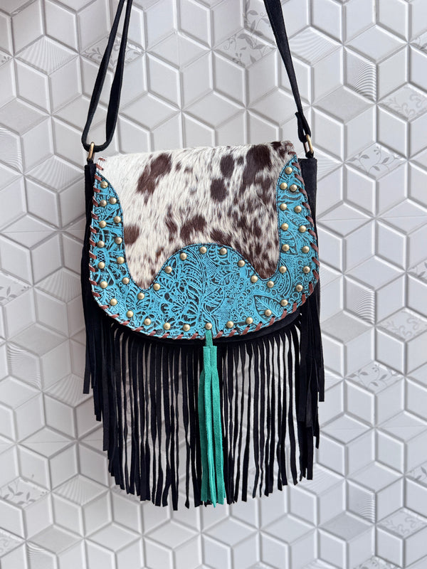 Western Style Cowhide Leather Fringe Carving Turquoise Colour Border Handbag Sling Bag Bohemian Fringe Bag