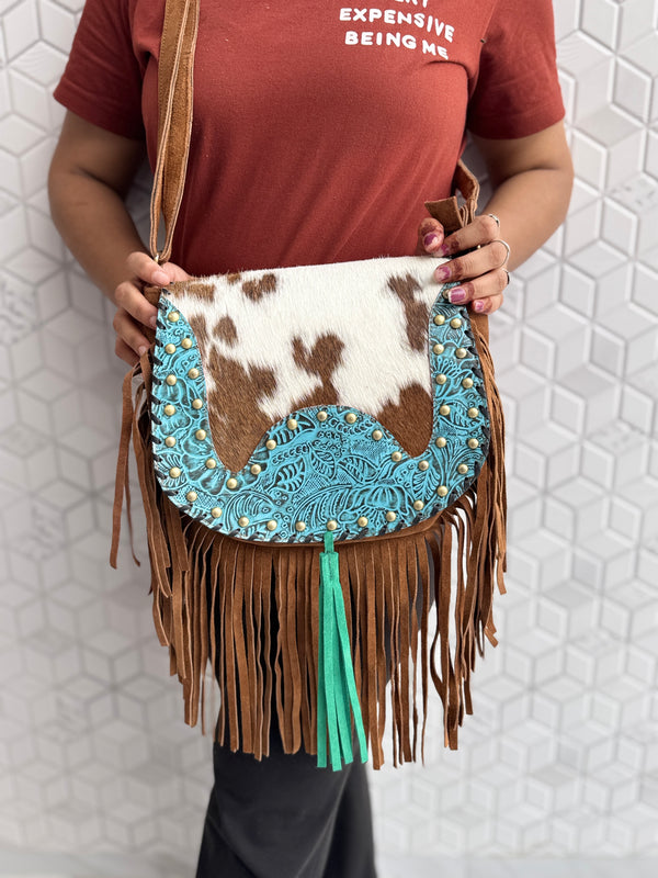 Western Style Cowhide Leather Fringe Carving Turquoise Colour Border Handbag Sling Bag Bohemian Fringe Bag