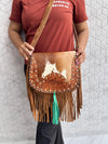 Western Style Cowhide Leather Fringe Carving Turquoise Colour Border Handbag Sling Bag Bohemian Fringe Bag