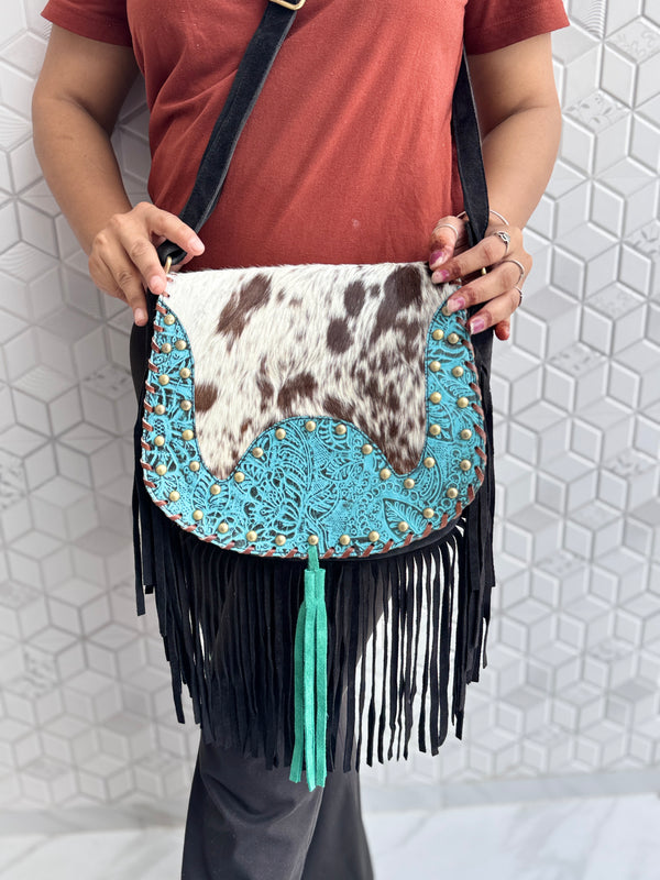 Western Style Cowhide Leather Fringe Carving Turquoise Colour Border Handbag Sling Bag Bohemian Fringe Bag