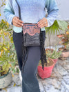 Phone Purse Handbag Real Cowhide Fur Fringe Hand Tooled Carving Sling Bag Small Size Bags