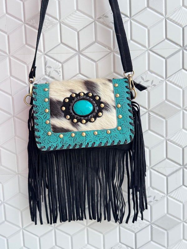 Real Cowhide Fringe Handbag Turquoise Stone Sling Bag Gypsy Boho Vintage Handmade BagStylish Bags