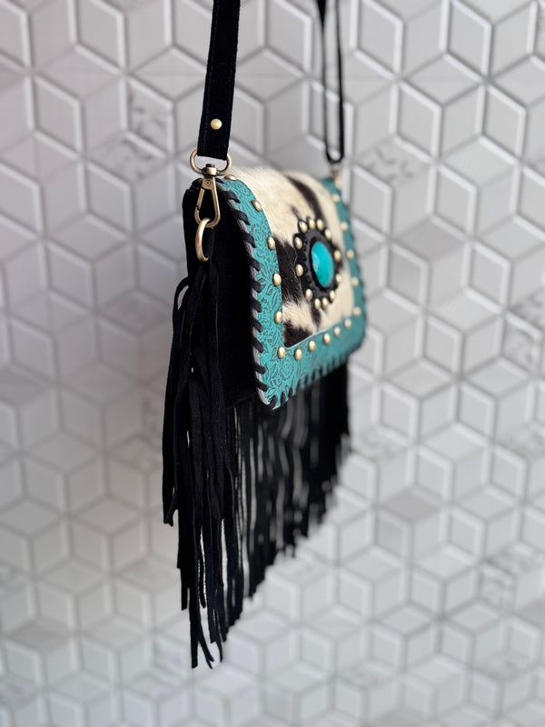 Real Cowhide Fringe Handbag Turquoise Stone Sling Bag Gypsy Boho Vintage Handmade BagStylish Bags