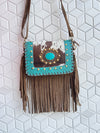 Real Cowhide Fringe Handbag Turquoise Stone Sling Bag Gypsy Boho Vintage Handmade BagStylish Bags