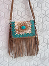 Real Cowhide Fringe Handbag Turquoise Stone Sling Bag Gypsy Boho Vintage Handmade BagStylish Bags