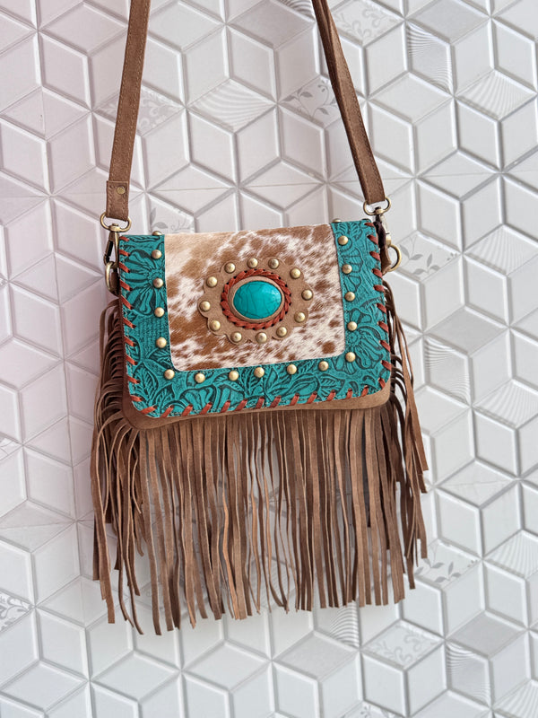 Real Cowhide Fringe Handbag Turquoise Stone Sling Bag Gypsy Boho Vintage Handmade BagStylish Bags