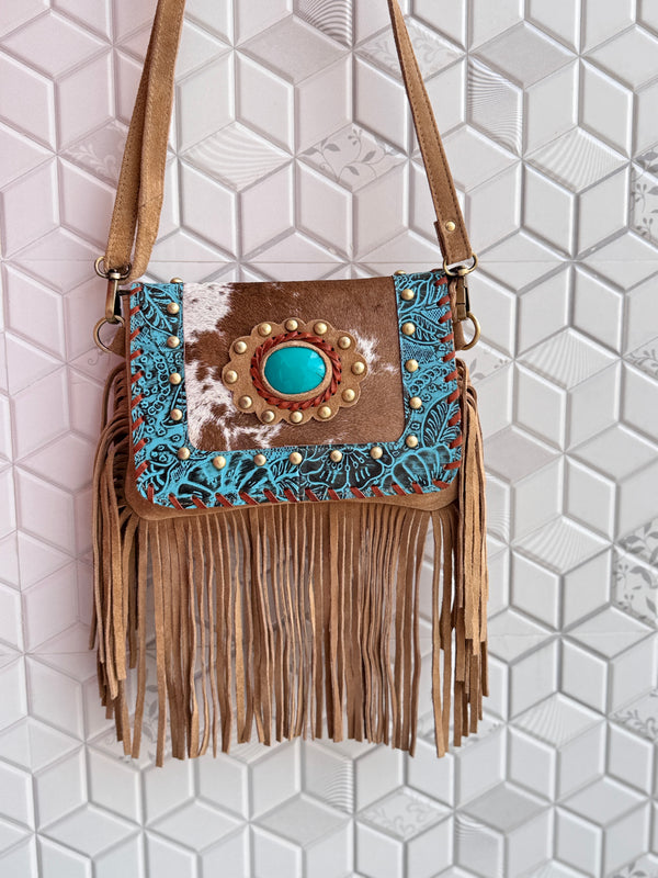 Real Cowhide Fringe Handbag Turquoise Stone Sling Bag Gypsy Boho Vintage Handmade BagStylish Bags (Copy)
