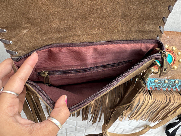 Real Cowhide Fringe Handbag Turquoise Stone Sling Bag Gypsy Boho Vintage Handmade BagStylish Bags (Copy)