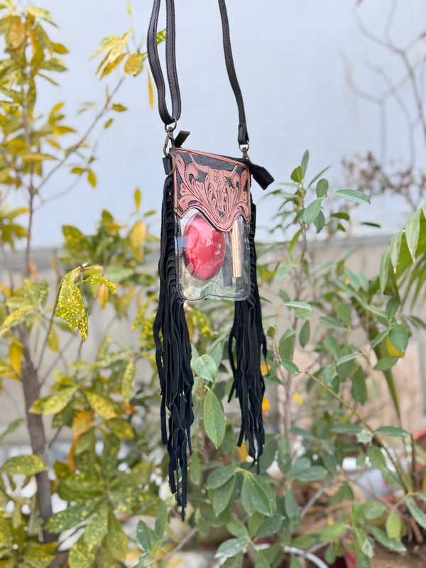 Hand Tooled Carving Leather Fringe Transparent Clear Bag Stylish Phone Purse