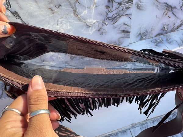Western Fringe Transparent Clear Bag Stylish Hand Tooled Carving Leather Purse