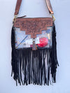 Western Fringe Transparent Clear Bag Stylish Hand Tooled Carving Leather Purse