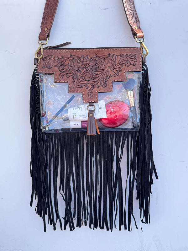 Western Fringe Transparent Clear Bag Stylish Hand Tooled Carving Leather Purse