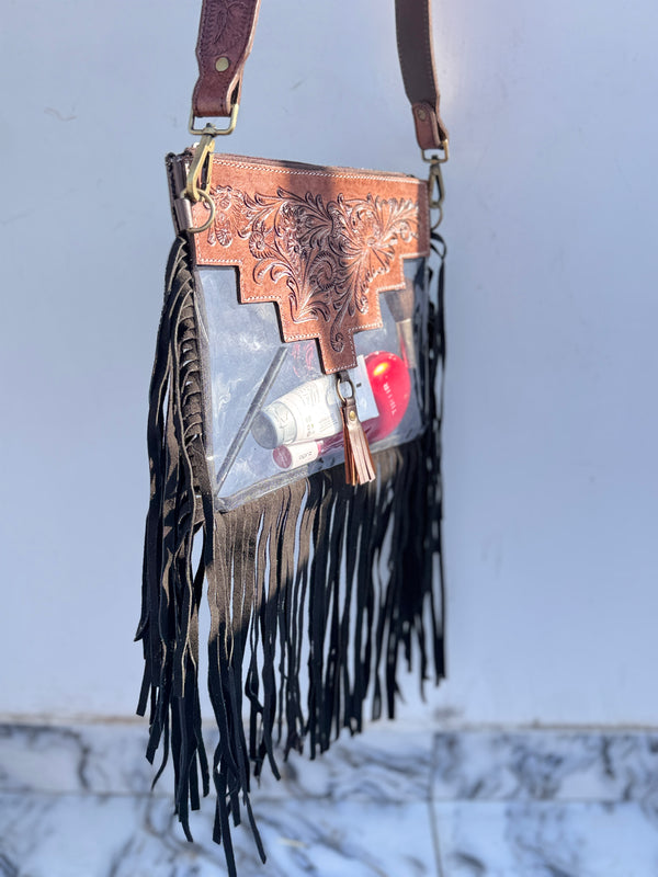 Western Fringe Transparent Clear Bag Stylish Hand Tooled Carving Leather Purse