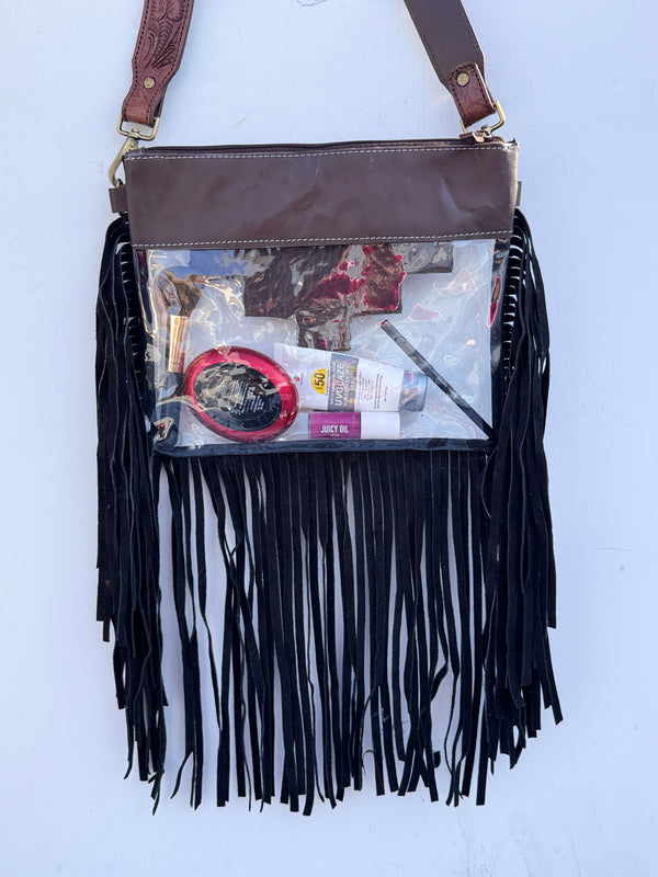 Western Fringe Transparent Clear Bag Stylish Hand Tooled Carving Leather Purse
