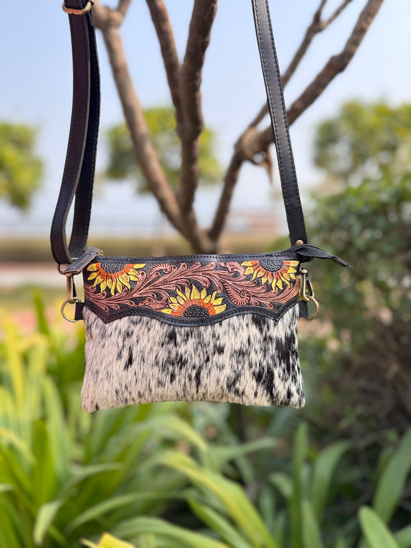 Cowhide Fur Leather Handbag Hand Tooled Carving Leather Sling Bag