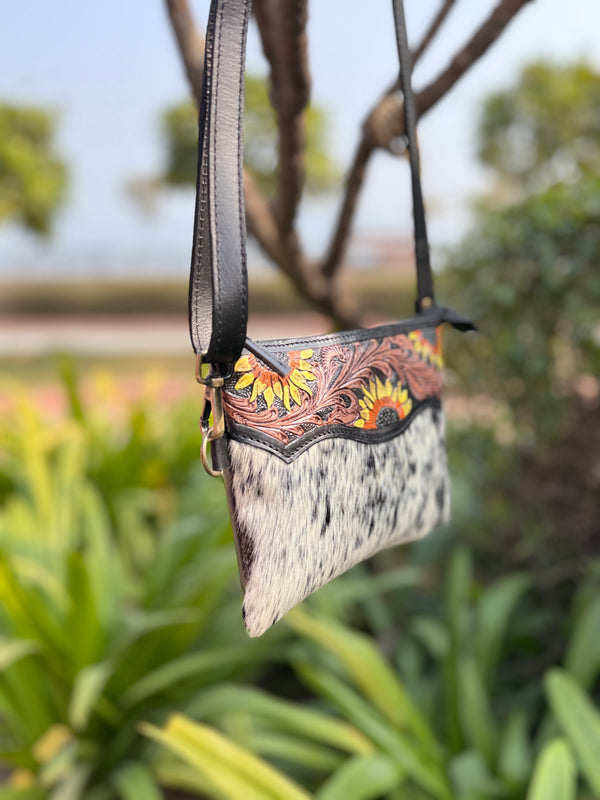 Cowhide Fur Leather Handbag Hand Tooled Carving Leather Sling Bag
